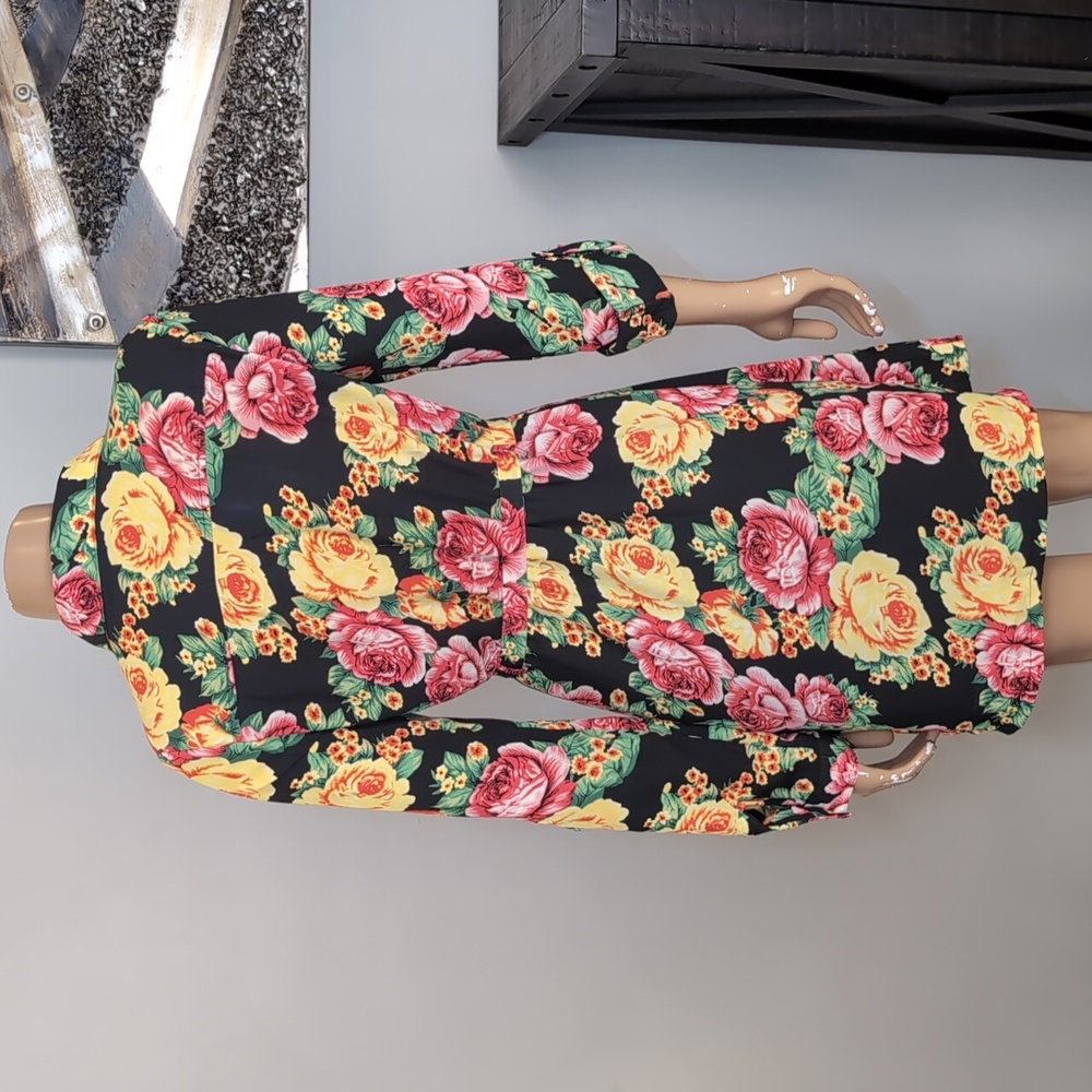 Seductions Sirens Floral Belted Shirt Dress Black Yellow Womens Size Medium - Picture 6 of 13